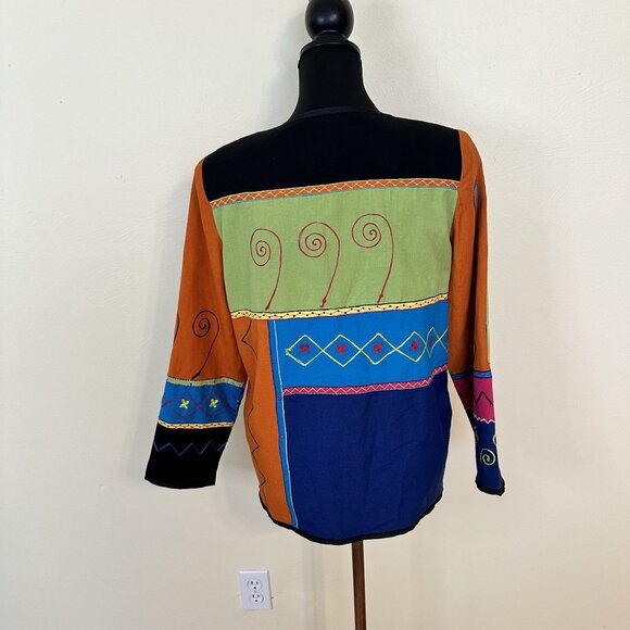 Womens Colorful Geometric Patchwork Jacket Button Up V Neck Long Sleeves Small - Picture 4 of 6